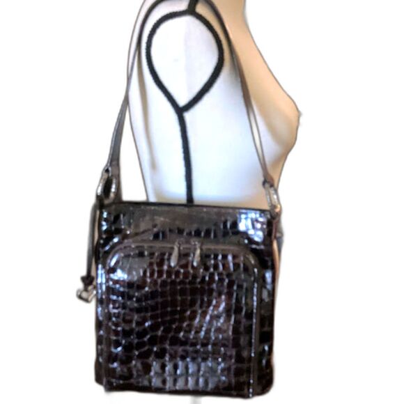 Brighton Sonny Moc Croc Patent Leather Organizer Wallet Shoulder Bag in Brown - Picture 4 of 10